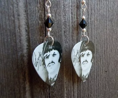 Ringo Starr Beatles Guitar Pick Earrings With Black Swarovski Crystals • $7