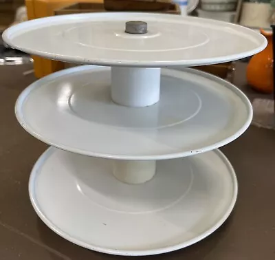 Vintage Metal 3 Tiered Turntable Serving Cupcake 10” Trays White Pedestal Design • $17.75