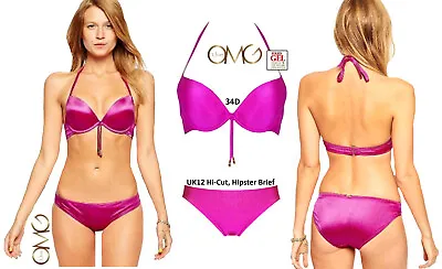 Ultimo Magenta Megaboost Gel-in-Foam Padded Push-up Halter Bikini 34D & 12 Brief • £32