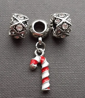 European Christmas Charms Enamel  Silver Plated Candy Cane Fits Chamilia • £7