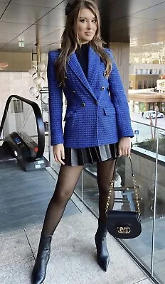 $60.99 • Buy Zara Fw21 Combination Faux Leather Textured Blazer Jacket Blue 2128/242 Xs