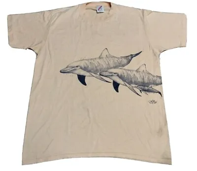 VTG 80s Single Stitch Peach T-Shirt Mens Large Wildlife Dolphins Art USA Made • $12.99