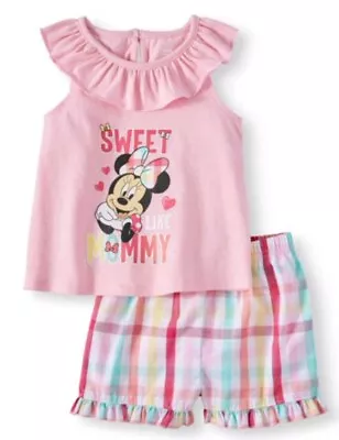 NWT Disney Baby 2Pc Outfit   Sweet Like Mommy  Pink Ruffled Top Plaid Shorts  • $16.50