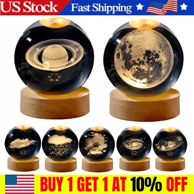 3D Crystal Ball Moon Planet Globe Table Lamp USB LED Night Light Home Gift Decor • $7.99