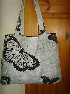 IN GREY AND BLACK COTTON  PRINT  16in LARGE SHOULDER TOTE  Bag  LINED BUTTERFLY • £9.99