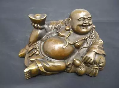 Chinese Buddhism Bronze Wealth Happy Laugh Maitreya Buddha Yuanbao Gourd Statue • $39.99