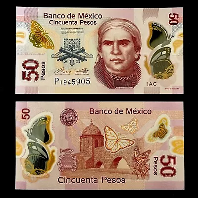 2017 MEXICO 50 PESOS POLYMER P-123Aac UNC+ +JOSE MARIA MORELOS Y PAVON BUTTERFLY • $6.99