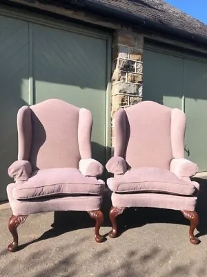 Pair Of Antique English Country House Upholstered Wing Armchairs • £780