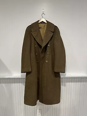 WW2 US Army Green Wool Military Trench Coat Vintage 1940s Mens Long Overcoat 34S • $36
