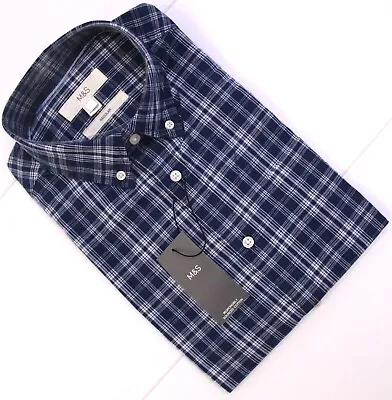 M&S Mens Pure Cotton Short Sleeve Shirt Checked Summer Beach ~S To 3XL~ Blue Mix • £5.95