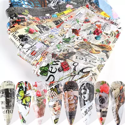 10Pcs Rose Newspaper Magazine Nail Art Transfer Foil Sticker Decal Manicure 5114 • $2.95