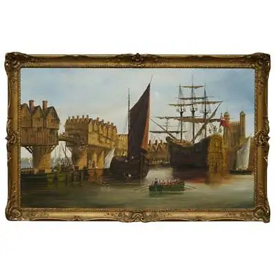 Very Large Decorative Oil On Canvas Of A Victorian Naval Scene On The Thames • £1850