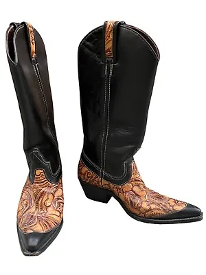 £187.26 • Buy Sancho Black Leather Western Ladies Boots Tooled Brown Floral Spain Size 9