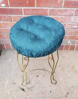 Vintage Vanity Bench Stool Green Padded Upholstery Seat Gold Steel Base • $50