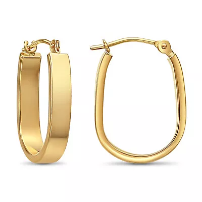 14K Real Solid Gold Shiny Polished Flat Round Tube Oval U-Shape Hoop Earrings • $131.75