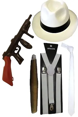 Men’s 1920’s White Al Capone Gangster Hat Tie Braces Cigar Tommy Gun Roaring Pim • £17.99