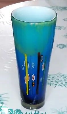 Millefiori Cased Art Glass Blue Teal Colorful Vase 11 ½” Murano • $49.99