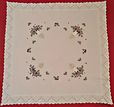 Vintage Christmas Art Candles Embroidery White Viscose Blend Square Tablecloth • $16