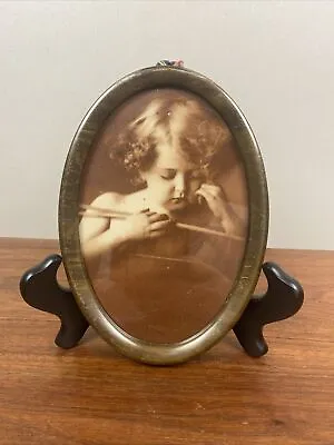 Vintage M.B. Parkinson Cupid Asleep Print Litho Oval Tin Metal Frame 5x7 • $9.67