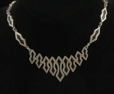 MEXICO 925 Silver - Vintage Inlaid Black Onyx Pointed Abstract Necklace - NE3814 • £165.16
