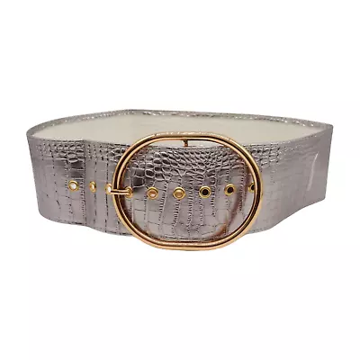 New Women Wide Band Metallic Silver Shiny Chrome Belt Gold Oval Metal Buckle S M • $18.95