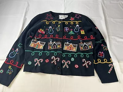 Michael Simon Lite Cardigan Sweater Medium Black Embroidered Christmas • $39.95