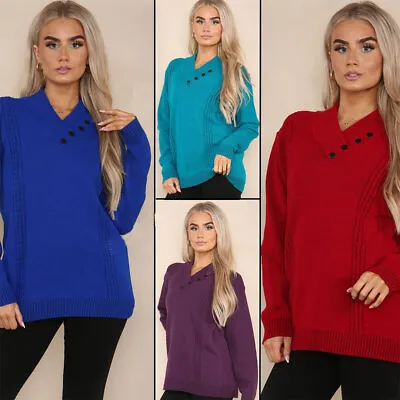 Ladies V Neck 4 Button Cable Knitted Long Sleeve Shawn Collar Sweater Jumper • £12.49