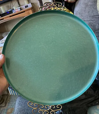Kyes Hand Made Round Metal Tray Blue Moire Glaze Vintage 1960s Brass Handles MCM • $39.99