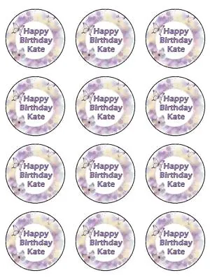 Purple Lilac Butterfly Personalised Edible Cupcake Toppers Wafer Or Icing X 12 • £4.72