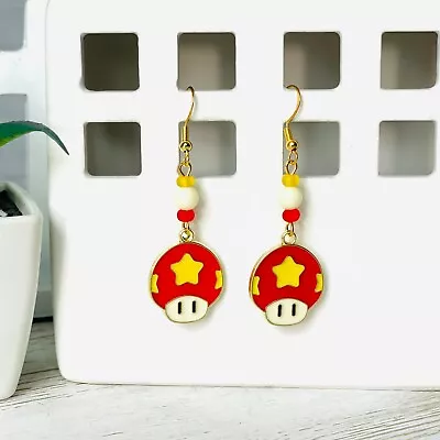 SUPER MARIO BROS Mushroom Handmade Beaded Dangle Earrings 925 Hypoallergenic • $5.95