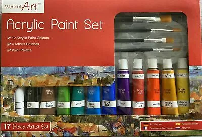 Work Of Art Artists Acrylic Paint Set 12 Tubes 4 Brushes And Palette Included • £6.50