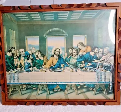 Vintage The Last Supper Print Picture Carved Wood Frame Decor 21.5”x17.5”  • $25.49