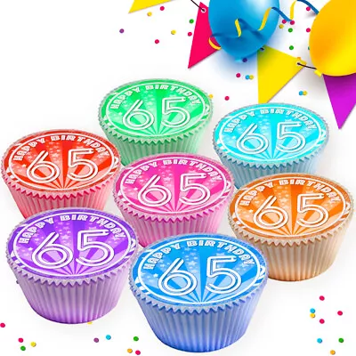 Happy Birthday 65th Colourful Age 65 Cupcake Toppers Edible Decorations C797 • £2.99