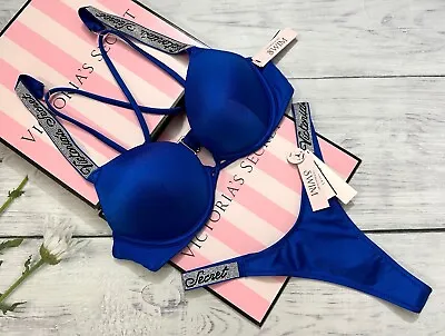 Victoria Secret Shine Strap Swim Thong Bombshell Add-2-cups Set Blue • $142.77