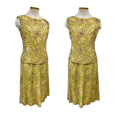 Vtg 60s Mod Malcolm Starr Citrine Pink Paisley Print Bead Embroidered Dress Set • $1200