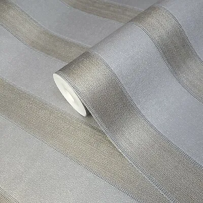 Modern Gray Silver Bronze Brass Metallic Textured Faux Fabric Striped Wallpaper • $4.40