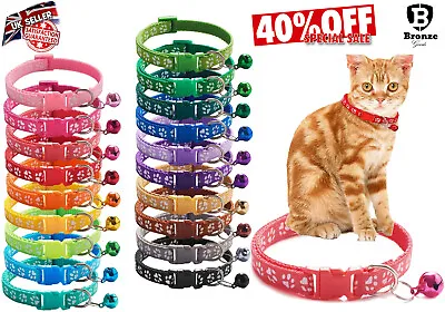 Adjustable Paw Print Bell Pet Nylon Collar Cat Small Dog Kitten Puppy Colourful  • £19.99