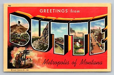 Greetings From Butte Montana Large Letter Vintage Unposted Linen Postcard • $6