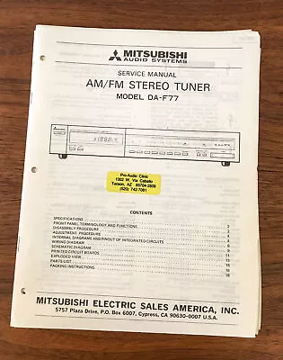 Mitsubishi DA-F77 Tuner Service Manual *Original* • $19.89