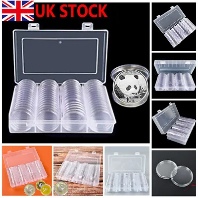60Pcs 40mm Plastic Clear Coins Capsules Storage Box Holder W/ Case Container UK • £12.99