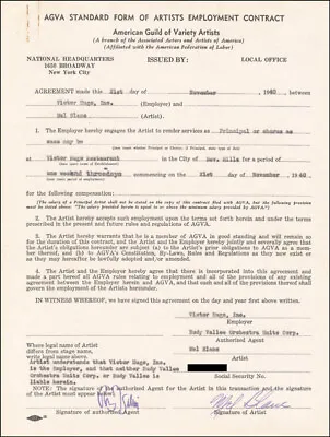 Mel Blanc - Contract Signed 11/21/1940 Co-signed By: Rudy Vallee • $700