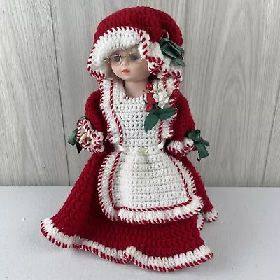 Vintage Mrs Claus Toilet Paper Cover Crochet Red White Dress Apron Posable Arms • $21.21