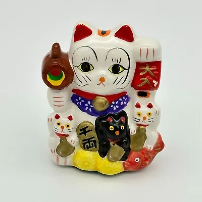 Vintage Maneki Neko Lucky Cat Kittens Fish Charms Figurine Ceramic White Red • $17.09