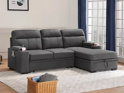 Seia Contemporary Sleeper Sectional Sofa Chaise In Gray Polished Microfiber • $1074