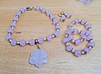 Silk Route Pink Bead Pendant Necklace Earrings + 2 Stretch Bracelets Set QVC  • £15.99