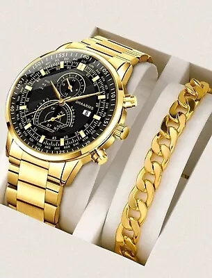 Watch Gift Set For Men Gold & Black With Gold Bracelet Watches High Quality UK • £9.99