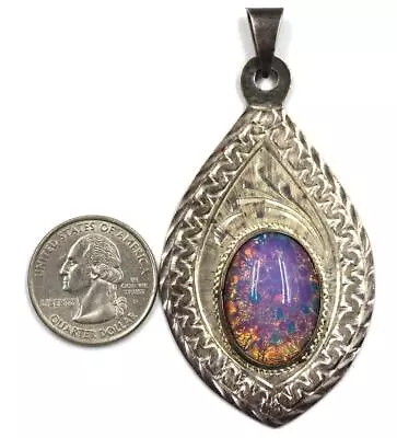 Large Vintage Estate Mexico Sterling Silver 3  Inch Long Heavy Opal? Pendant • $49.99