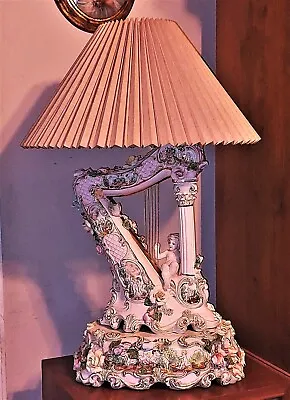 Superb Gem - Capodimonte Table Lamp Cupid Playing Harp Porcelain Italy Mint • $950