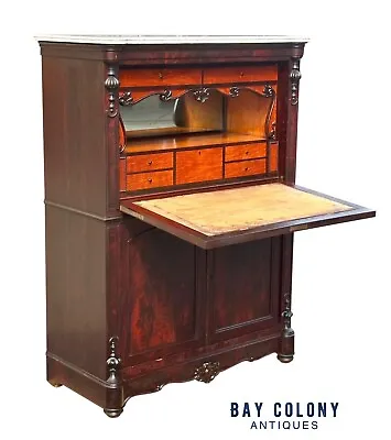 Antique Biedermeier Mahogany & Satinwood Secretary Abattant Desk With Marble Top • $2760