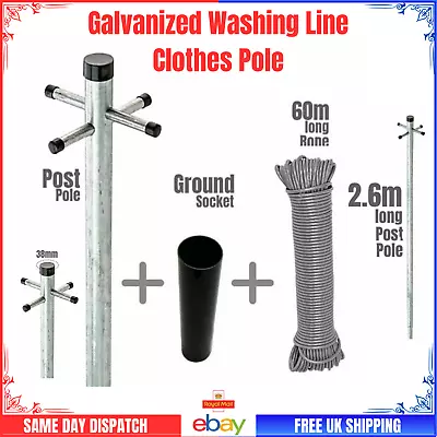 Galvanized 2.6m Washing Line Post Pole Heavy Duty Clothes Support With Socket • £27.60